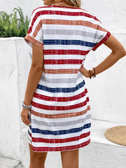 Striped V-Neck Short Sleeve Dress - kinko