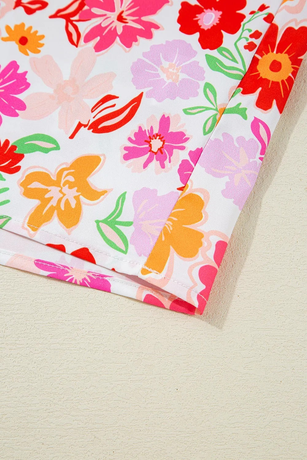 White Floral Split V Neck Wide Short Sleeve Plus Size Blouse Top - kinko