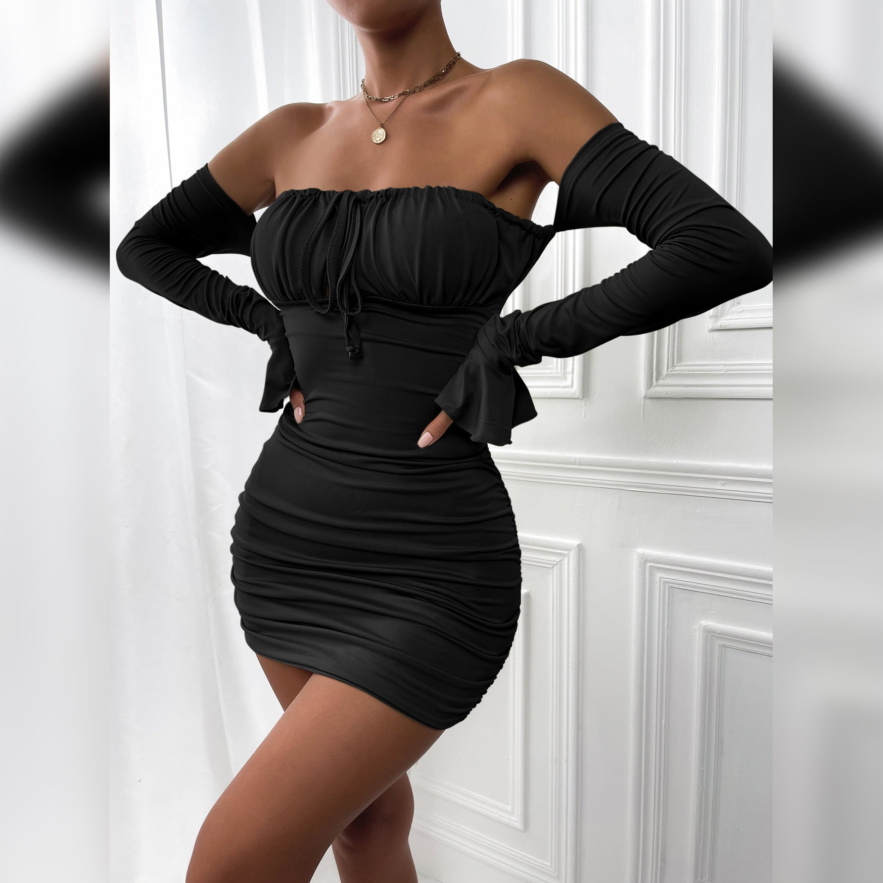 Fashion Slim Off-shoulder Long Sleeve Dress Sexy Tie Pleated Short Dresses Womens Clothing - kinko