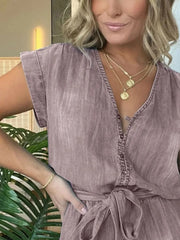 Full Size Tie Waist Cap Sleeve Denim Romper Plus Size - kinko