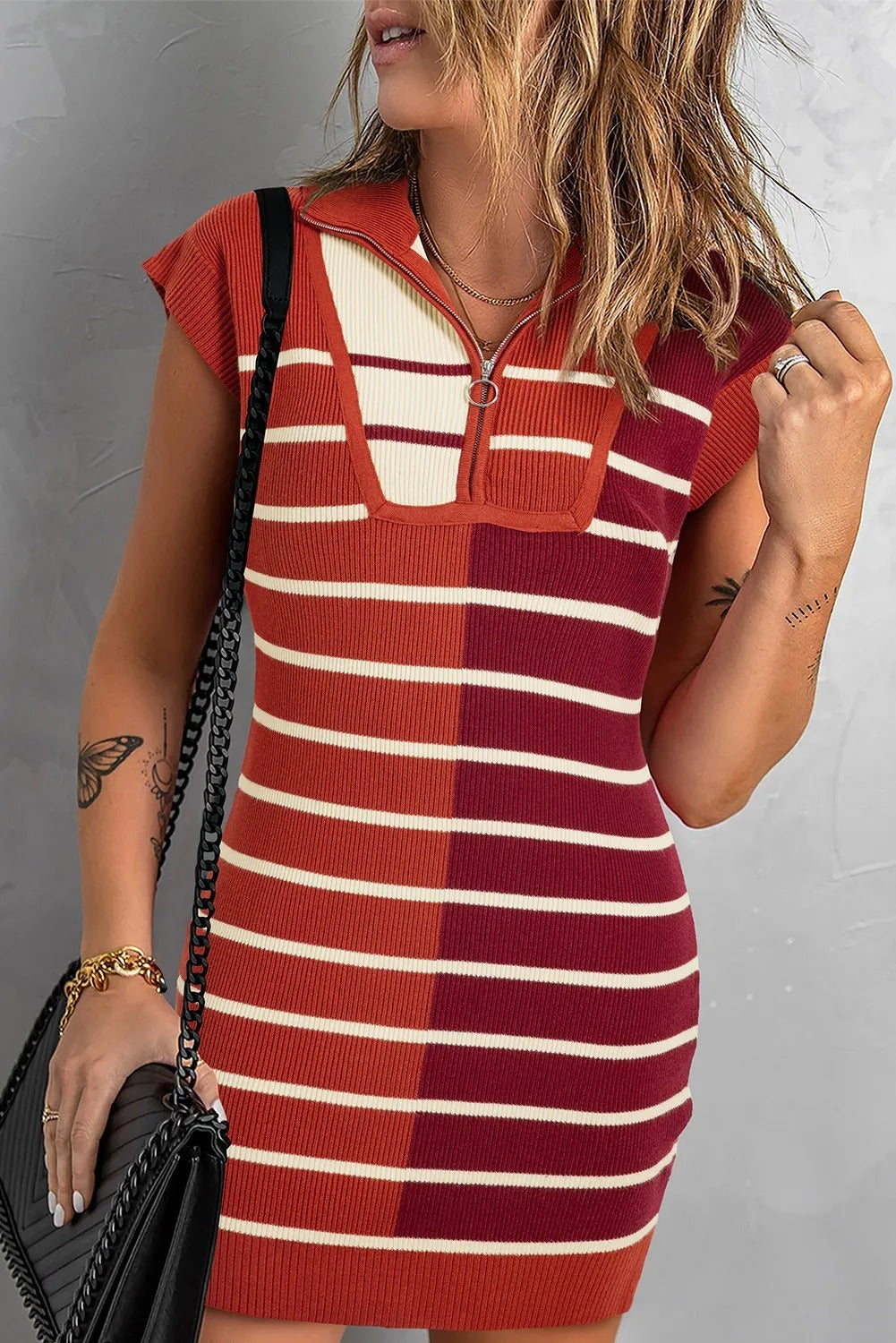 Brown Stripe Color Block Quarter Zip Collar Short Sleeve Sweater Dress - kinko