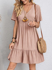 V-neck Short Sleeve Dress Summer Fashion Casual Loose Ruffled Dresses Beach Clothing Women - kinko