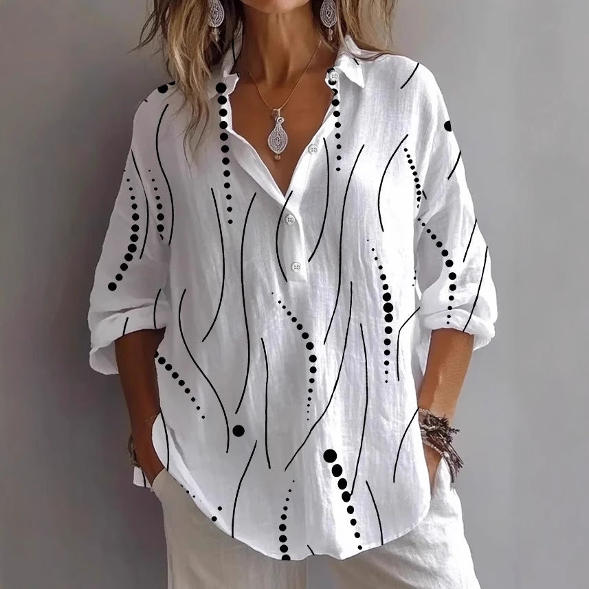 Fashion Printing Lapel Long Sleeve Shirt Top - kinko
