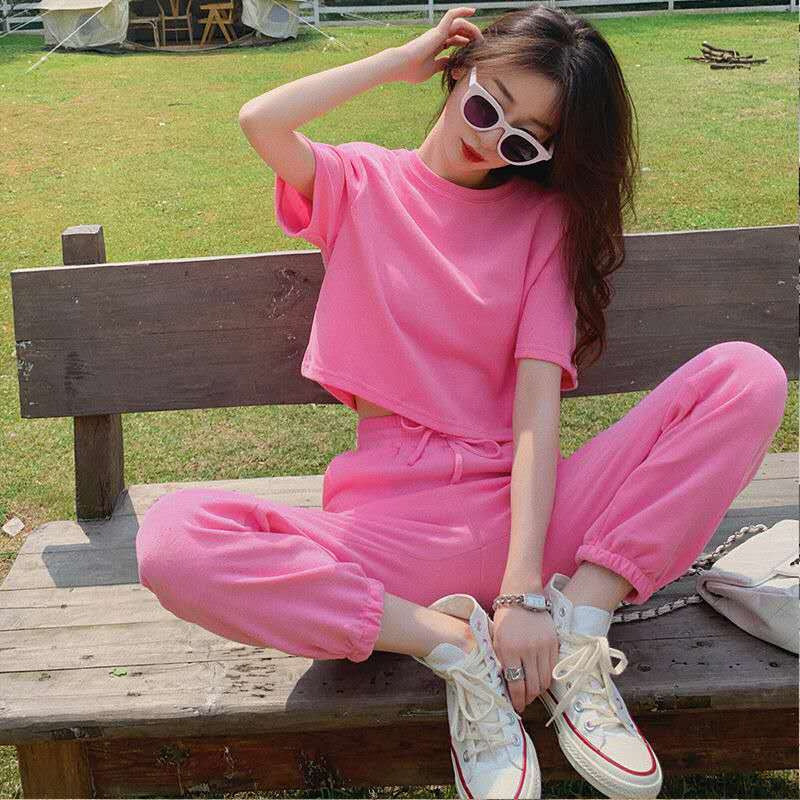 Korean Sweet Girl Sports Loose Slimming And Short T-shirt Ankle-length Pants Two-piece Set - kinko