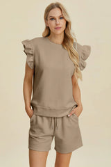 Double Take Full Size Texture Round Neck Ruffle Sleeve Top and Shorts Set - kinko
