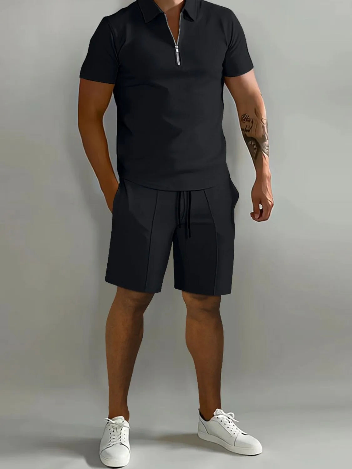 Men's Full Size Collared Neck Short Sleeve Top and Shorts Set Plus Size - kinko