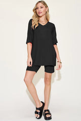 Basic Bae Bamboo Full Size V-Neck Drop Shoulder T-Shirt and Shorts Set - kinko