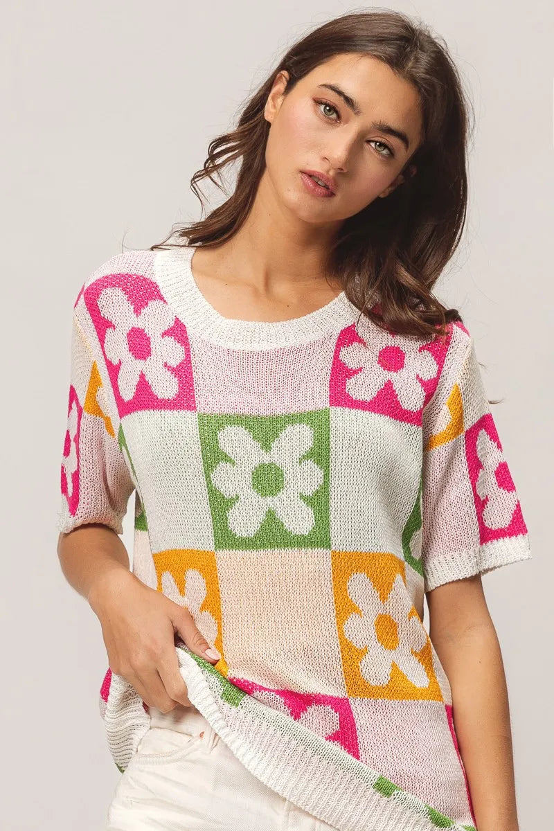 BiBi Flower Checker Pattern Lightweight Sweater Top - kinko