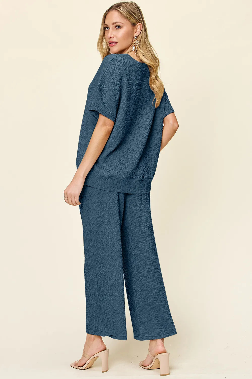 Double Take Full Size Texture Short Sleeve Top and Pants Set - kinko