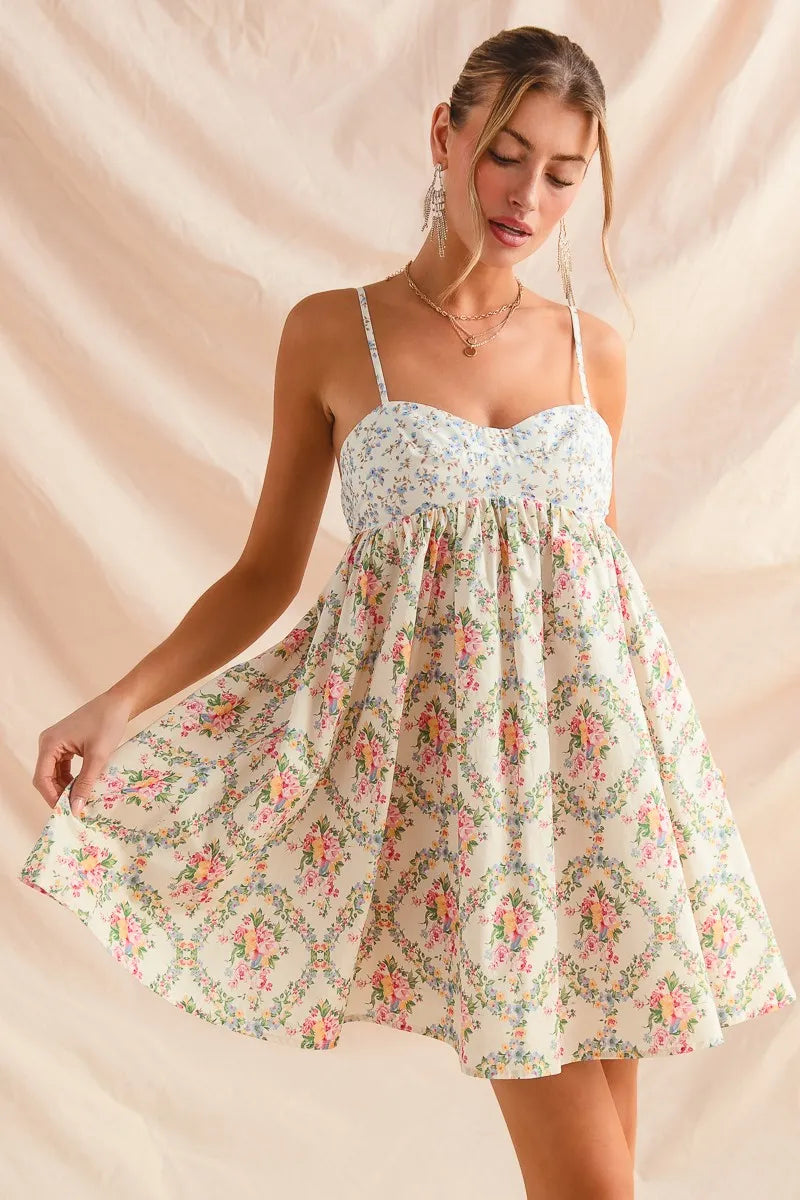 SO ME Mixed Floral Print Sleeveless Mini Dress - kinko