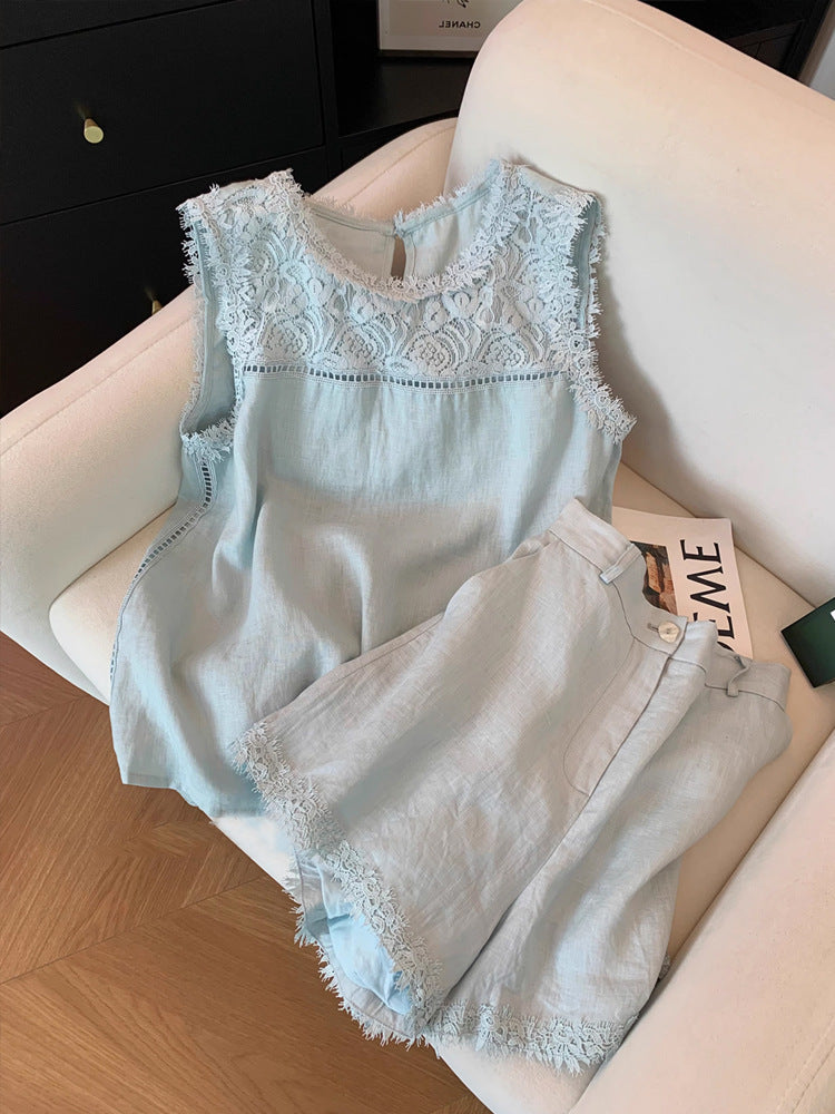 Lace Stitching Sleeveless Cotton And Linen Suit Women - kinko
