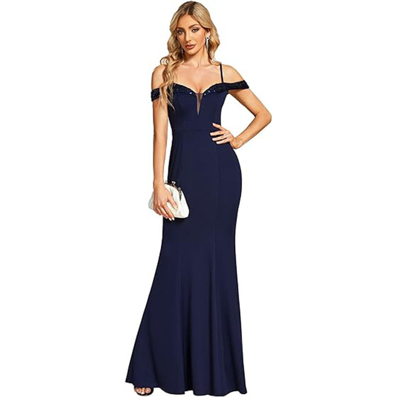 Women's Clothing Off-neck Sling Evening Long Dress - kinko
