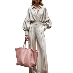 Long-sleeved Shirt Wide-leg Pants Cotton And Linen Two-piece Suit - kinko