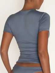 Round Neck Short Sleeve Swim Top - kinko