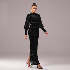Long Sleeve Round Neck Sequins Slit Evening Dress - kinko