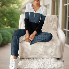 Women's Contracted Design Color-Block Hooded Sweatsuit Set - Long Sleeve Zip-Up Hoodie With Wide-Leg Lounge Pants - kinko