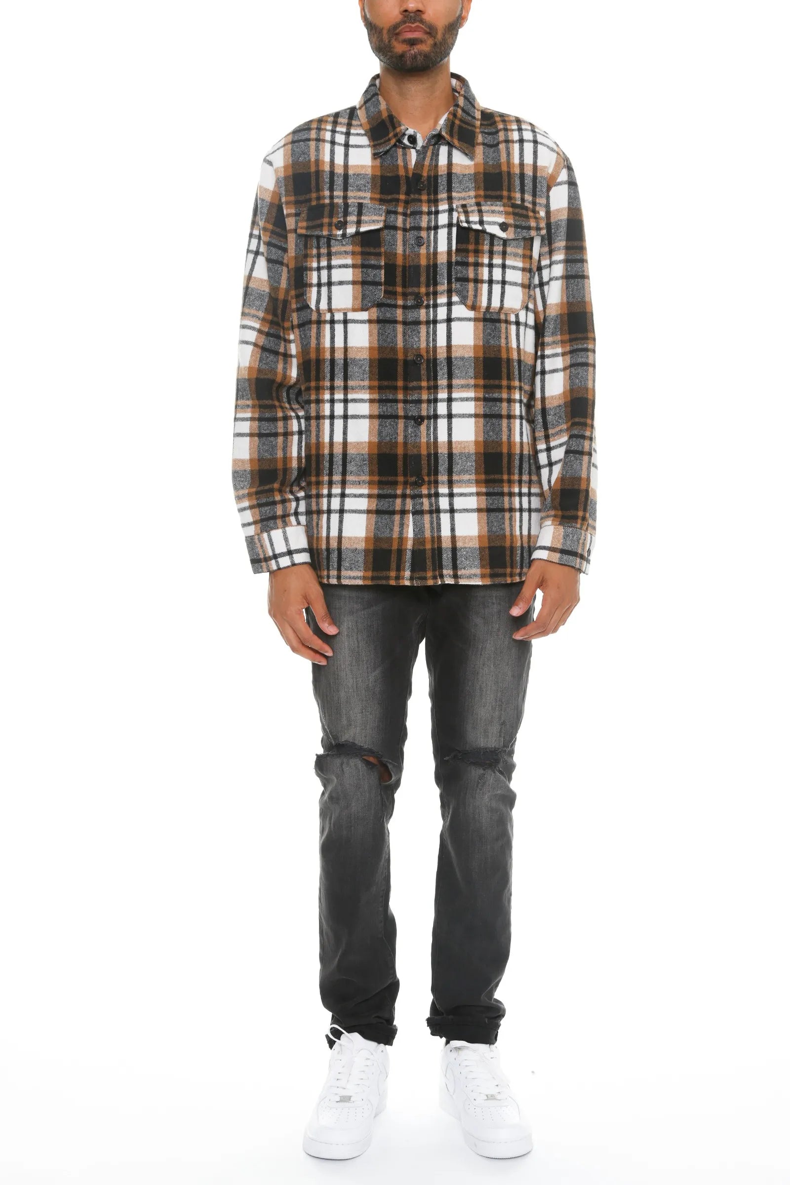 WEIV Men's Full Size Checkered Soft Flannel Shacket Plus Size - kinko