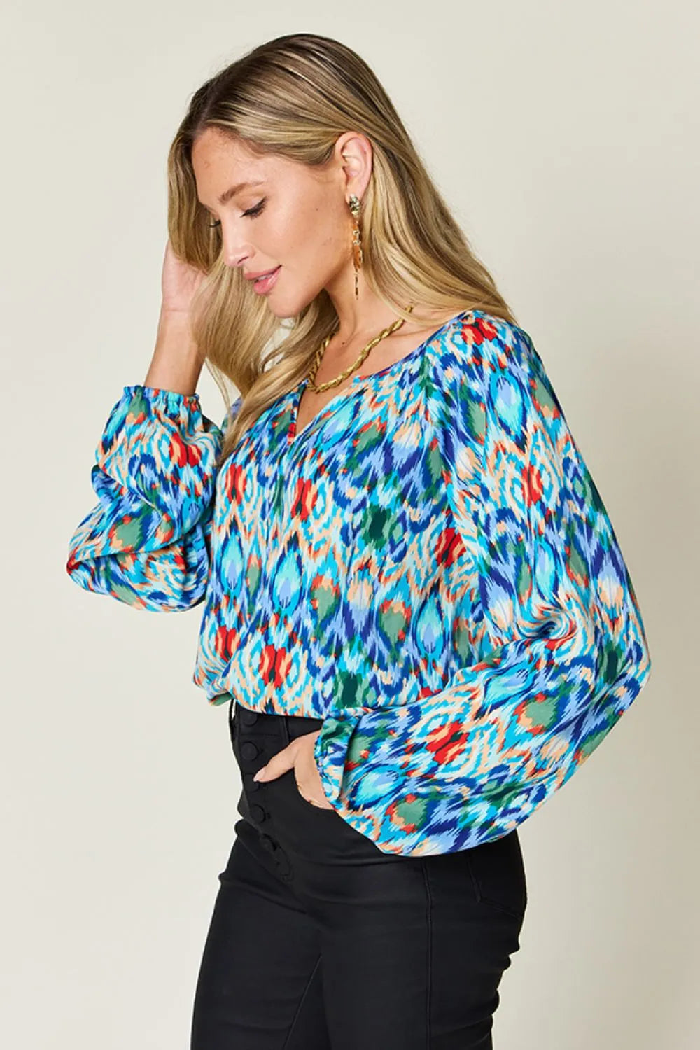 Double Take Full Size Printed Balloon Sleeve Blouse - kinko