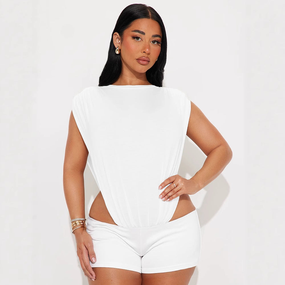 Women's Sleeveless Two-piece Hollow Siamese Top And Tight Shorts - kinko