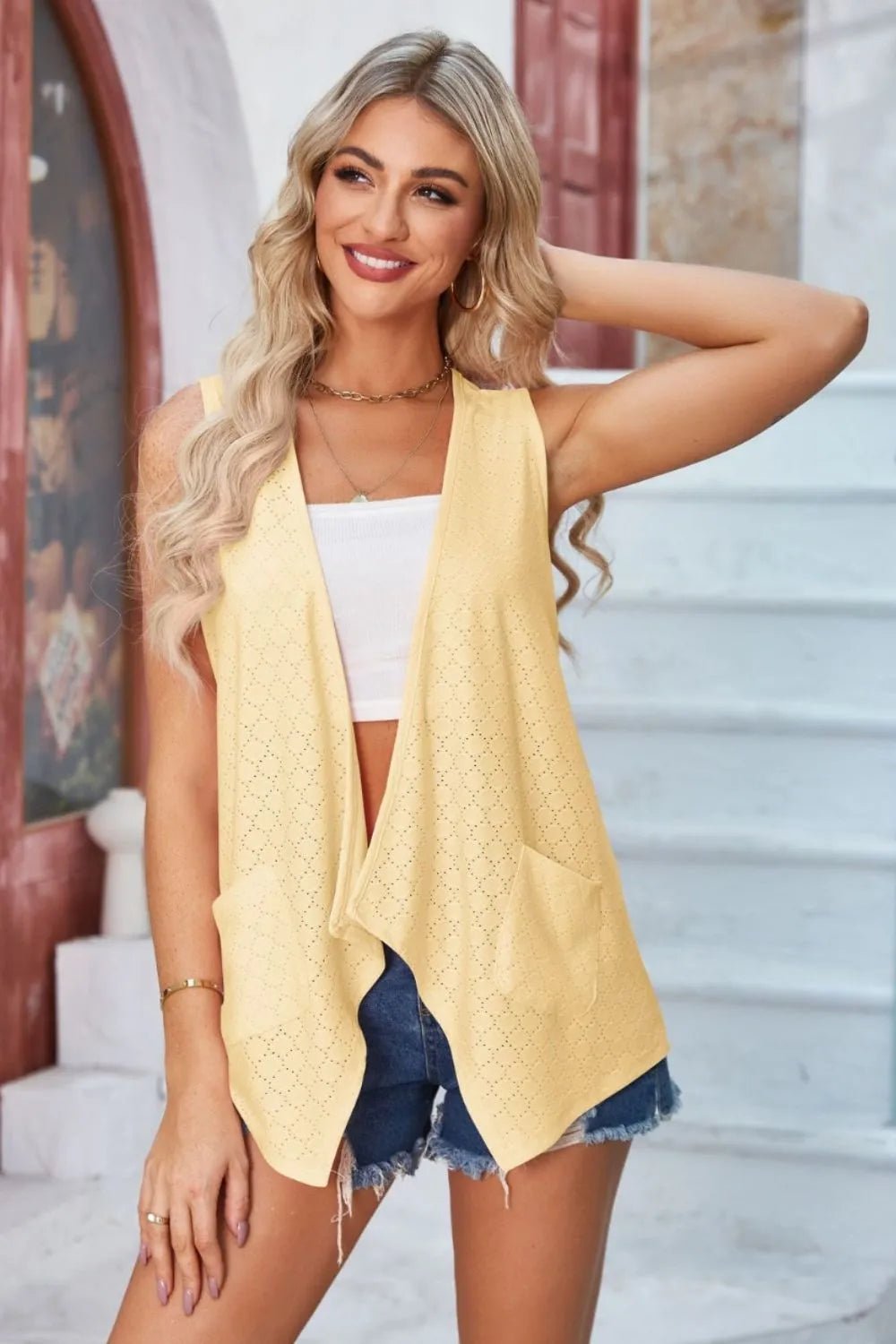 Eyelet Open Front Sleeveless Cardigan - kinko