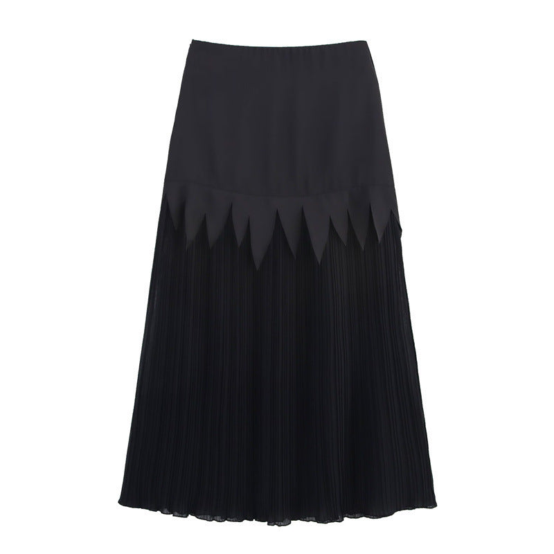 Acetate Satin Chiffon Slimming Patchwork Pleated Skirt - kinko