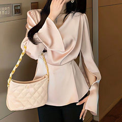 High-end Irregular Bell Sleeve Waist-tight Graceful Satin Long Sleeve Shirt - kinko