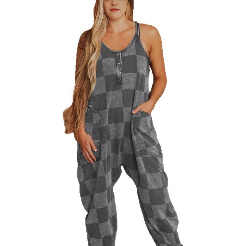 Fashion Plaid Colored Mosaic Loose Casual Jumpsuit - kinko
