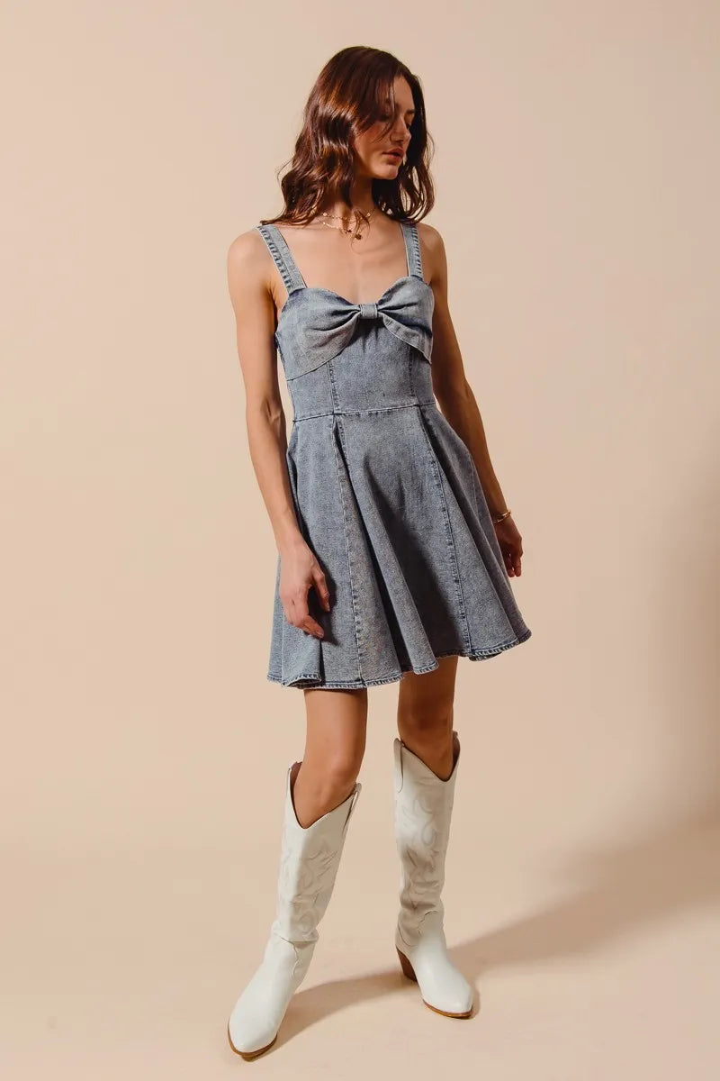 SO ME Mineral Washed Bow Ribbon Denim Flare Dress - kinko