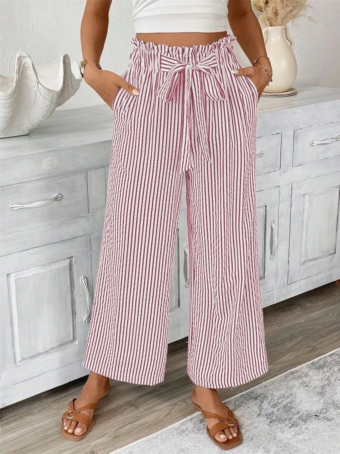 Full Size Striped Wide Leg Paper Bag Pants Plus Size - kinko
