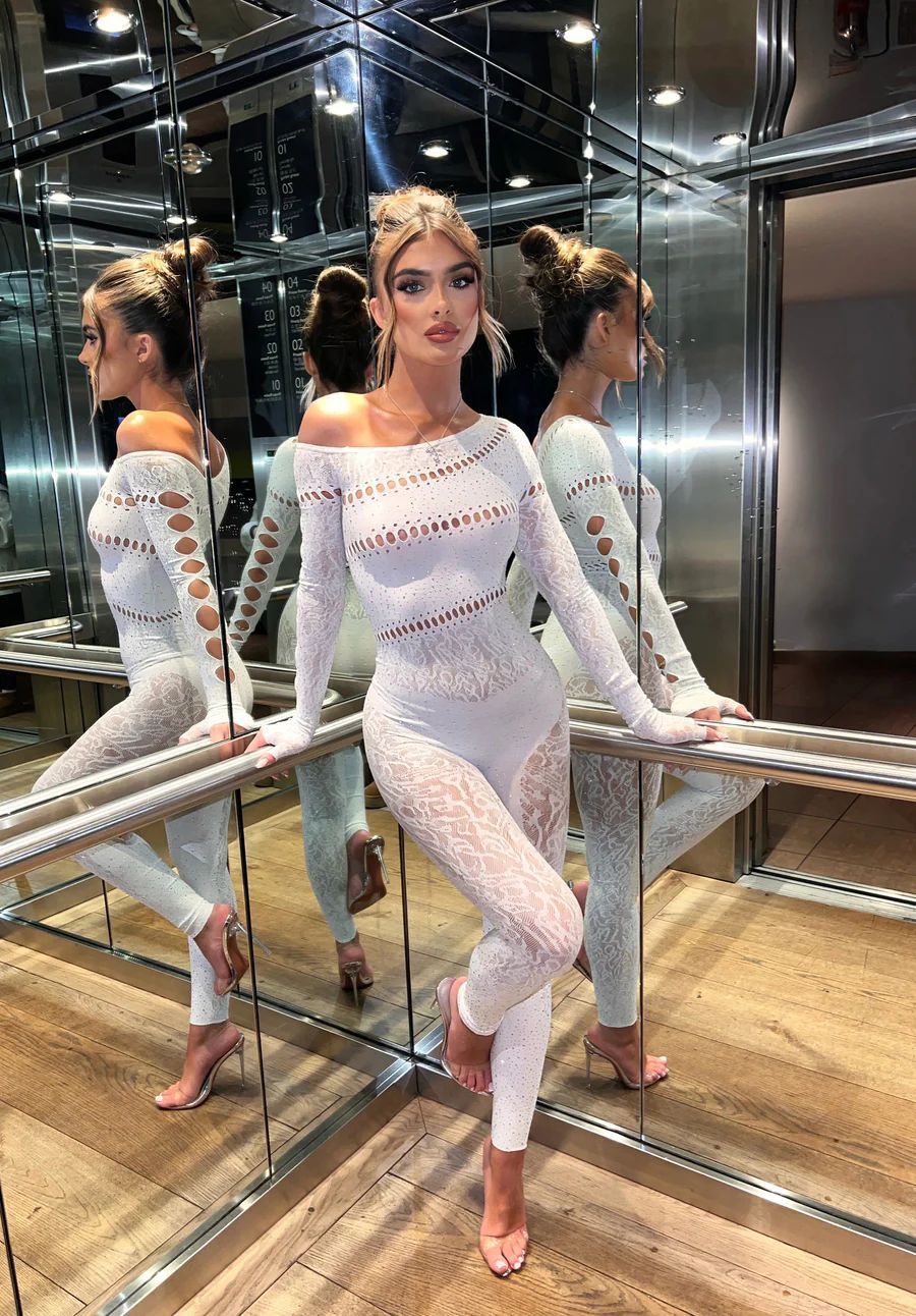 One-piece Long Sleeves Hot Rhinestone Shiny Fishnet Clothes Sexy Lingerie - kinko