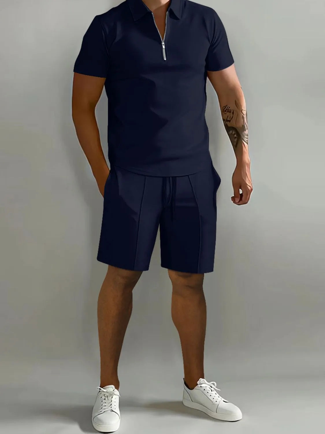 Men's Full Size Collared Neck Short Sleeve Top and Shorts Set Plus Size - kinko