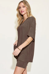 Basic Bae Full Size V-Neck Drop Shoulder T-Shirt and Shorts Set - kinko