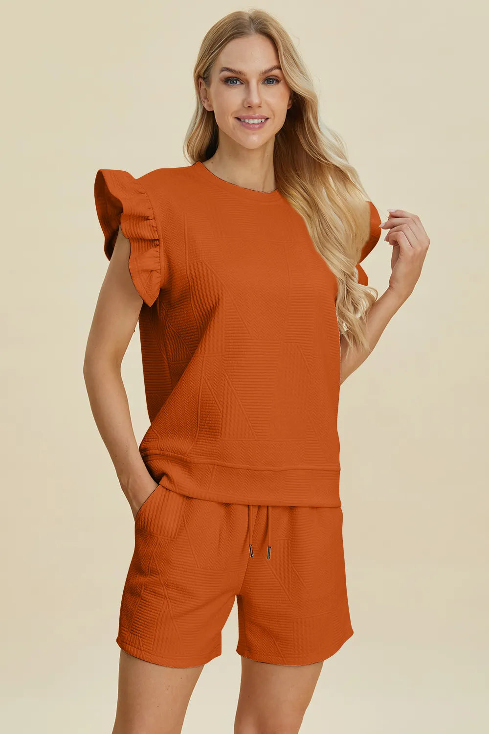 Double Take Full Size Texture Round Neck Ruffle Sleeve Top and Shorts Set - kinko