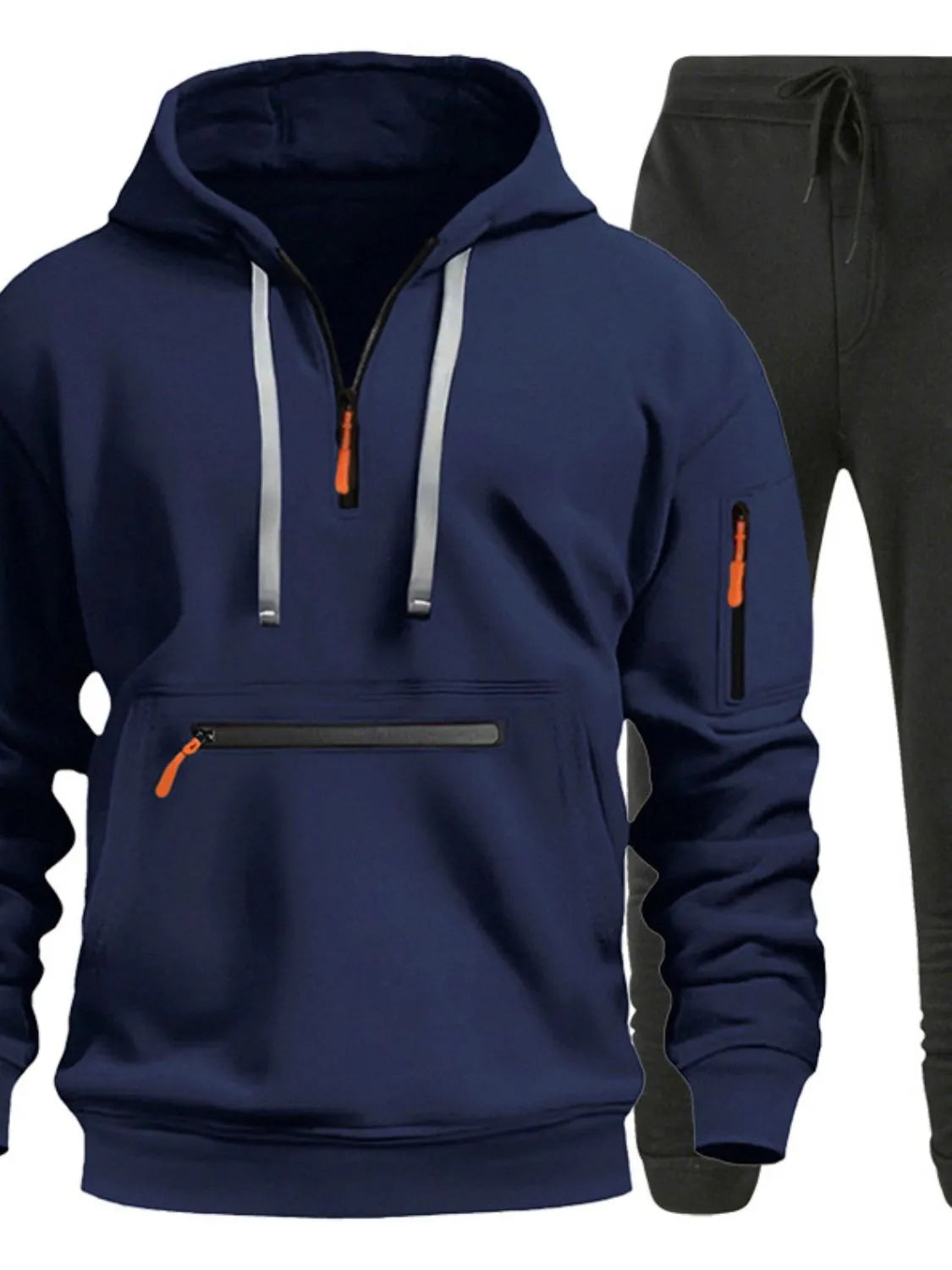 Men's Full Size Drawstring Half Zip Hoodie and Pants Set Plus Size - kinko