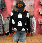 Damen Sommerurlaub Freizeit-Sweatshirt mit Halloween-Geisterstickerei in Kontrastfarben