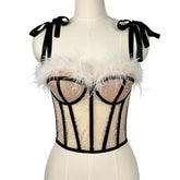 Feather Lace Boning Corset Corset Transparent Mesh Beauty Back Camisole Bow Sexy Stage Tube Top