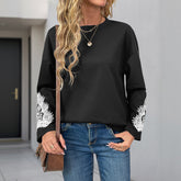 Autumn Pullover Top Women Lace Stitching Casual round Neck Sweatshirts