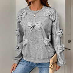 Lässiges Herbst-Sweatshirt mit Schleifenstickerei, grau, Rundhalsausschnitt