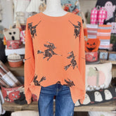 Damen Sommer-Sweatshirt mit Pailletten und Hexenmotiv im Halloween-Stil