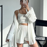 Autumn Knitted Long Sleeve Spaghetti Strap Shorts Three Piece Set Warm Elastic Home Wear Women