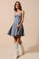 SO ME Mineral Washed Bow Ribbon Denim Flare Dress - kinko