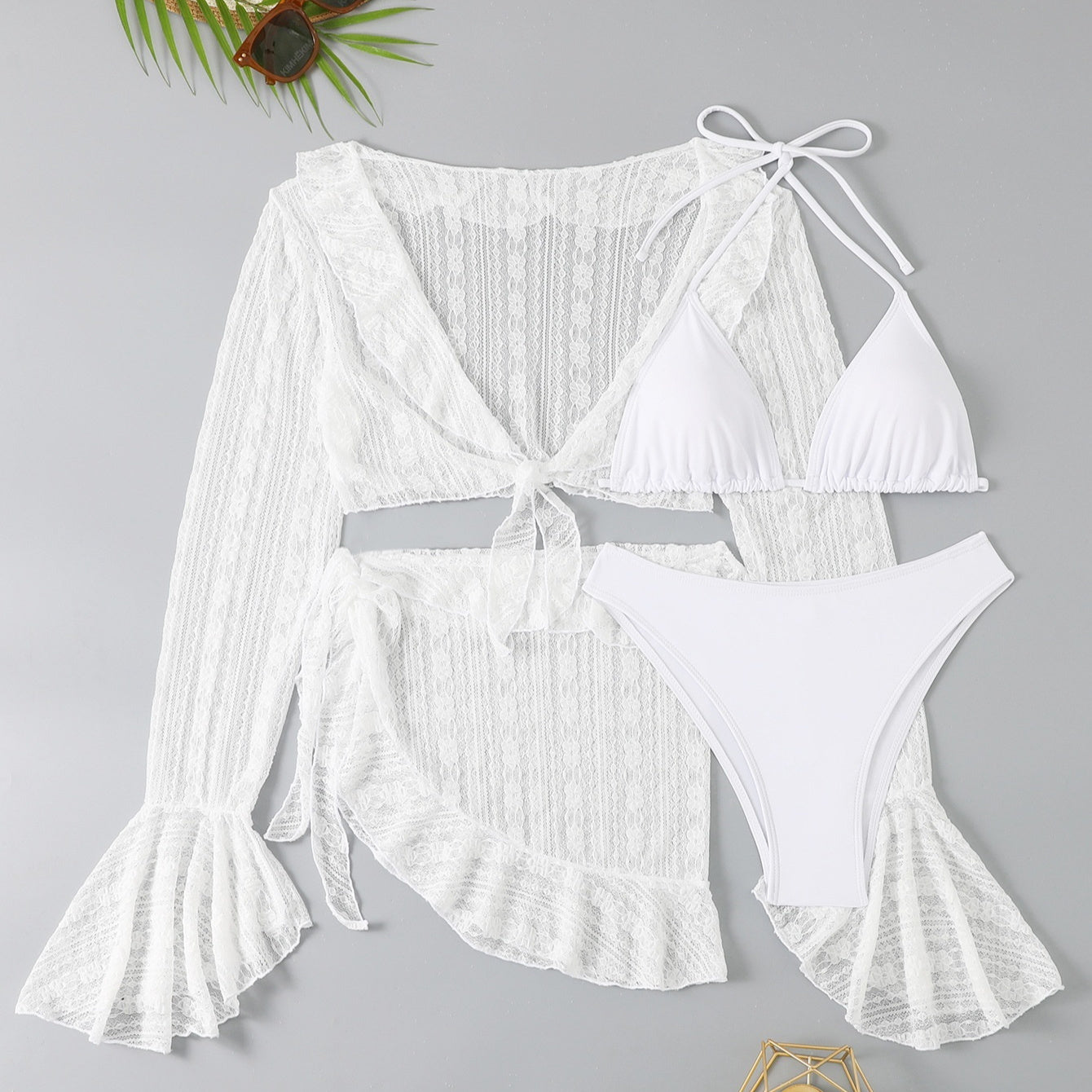 Lace Long Sleeve Cardigan Lace Ruffled Bikini Four-piece Suit Swimsuit - kinko