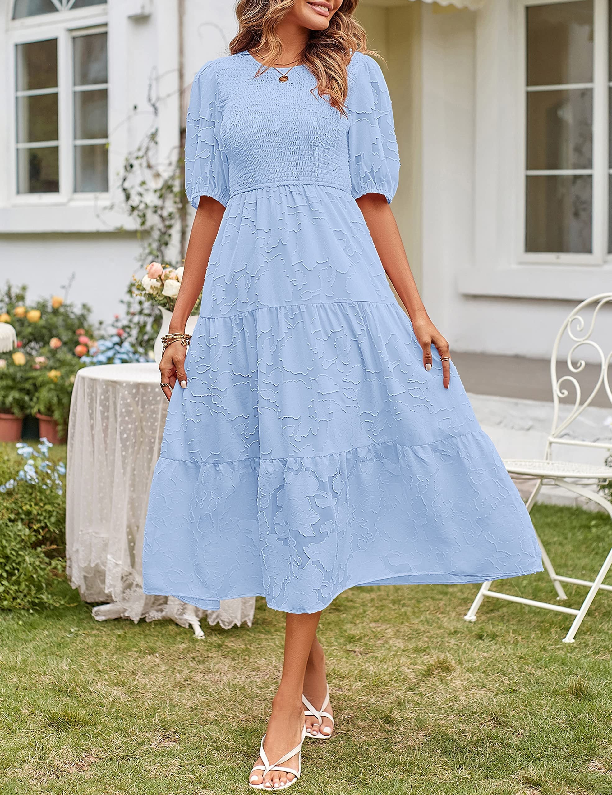 Women's Summer Casual Lace Dress Floral Ruffle Puff Short Sleeve High Waist Midi Beach Dresses - kinko