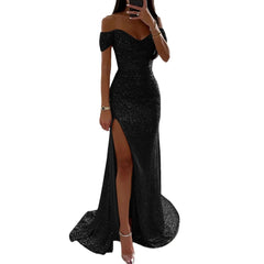 Female Creative Solid Color Sparkling Slit Dress - kinko