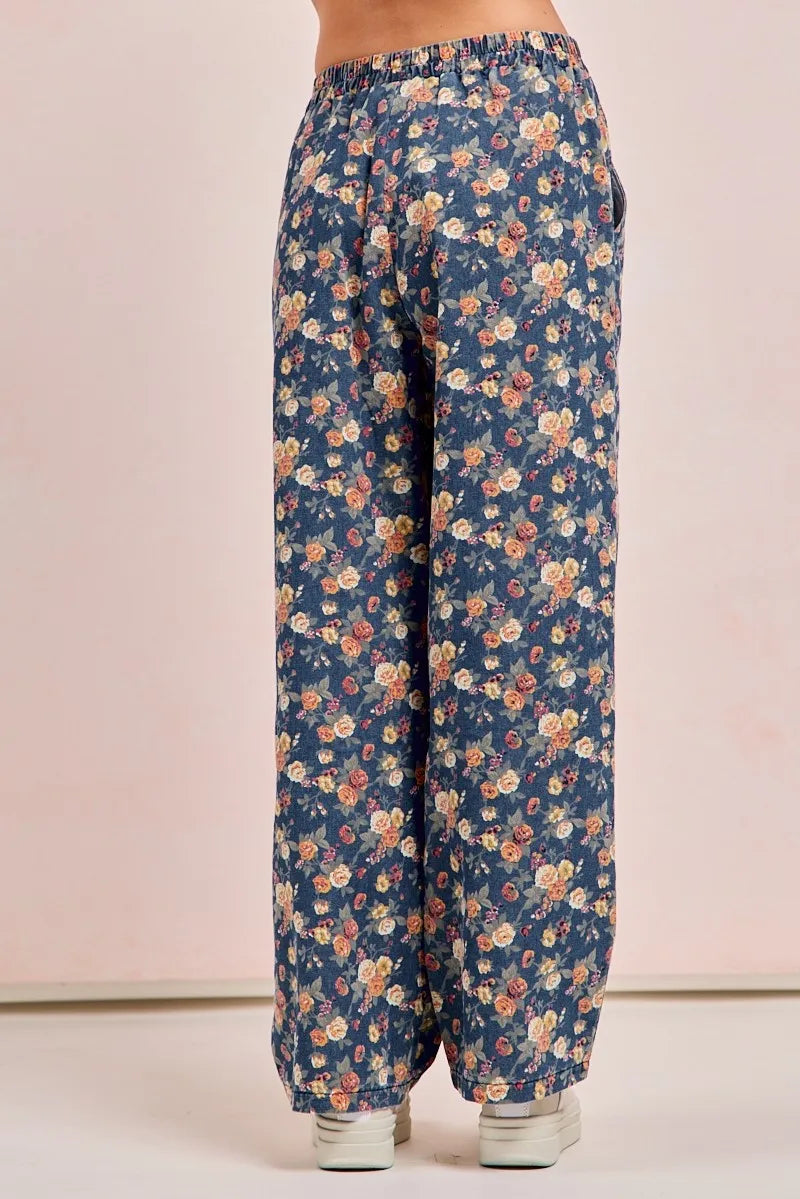 BiBi Washed Floral Print Wide Leg Jeans - kinko
