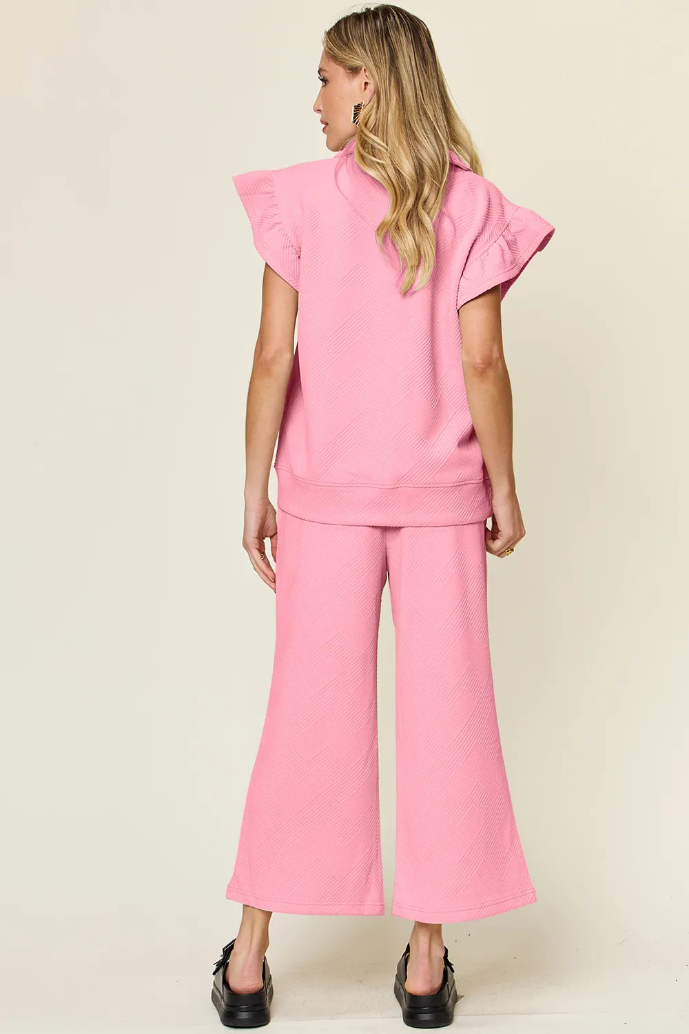 Double Take Texture Ruffle Short Sleeve Top and Drawstring Wide Leg Pants Set - kinko
