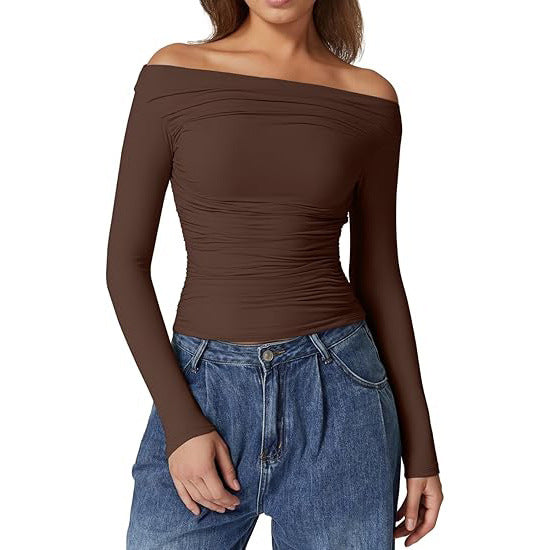 European And American Women's Clothing Top Off-shoulder Long Sleeve T-shirt - kinko