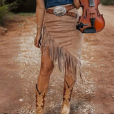 Women's Solid Color Vintage Fringe Hem Asymmetrical Suede Skirt Casual Boho Chic Summer Spring Vacation Outfit - kinko