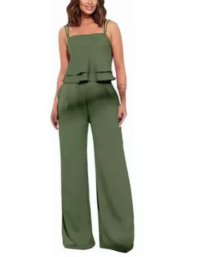 Sling Pure Color Ruffles Top Straight-leg Pants Fashion Suit - kinko