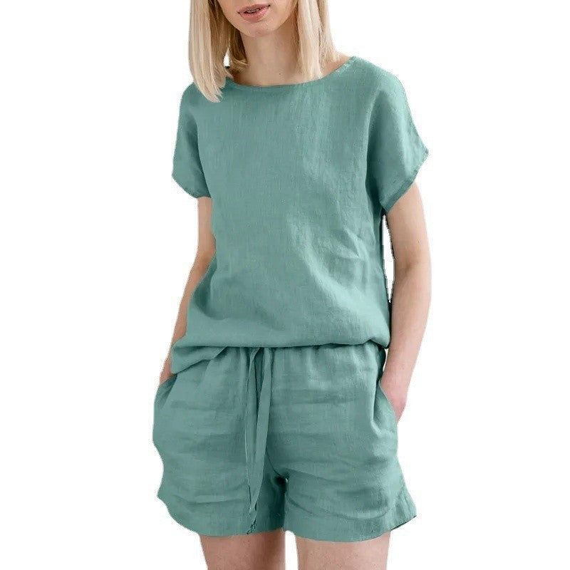 Short Sleeve Cotton Linen Retro Fashion Solid Color Top Shorts Suit - kinko